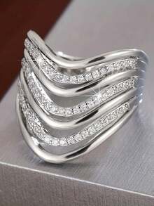 1枚优雅立方氧化锆戒指，女士情人节礼物，适合婚礼、订婚、周年纪念、派对等场合 - 銀色 - 查看 11