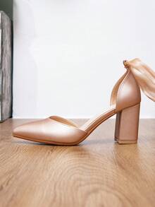 时尚系带优雅粗跟尖头镂空高跟鞋，适合夏秋穿着 - 香檳色 - 查看 14