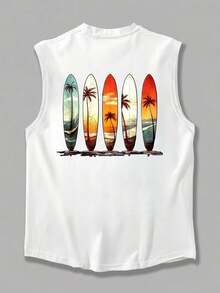 1pc Men's Summer Casual Loose Comfortable Versatile Round Neck Sleeveless Vest With Surfboard Print - White - View 4