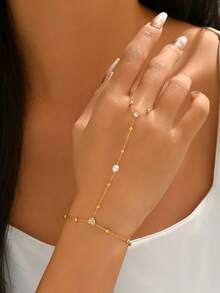 1件套简约心形珍珠锆石可调节手链戒指套装，时尚饰品，适合日常佩戴和派对场合 - 手指鏈 - 查看 7