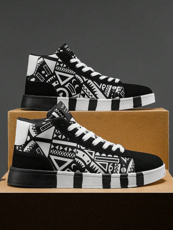 Men's Personalized Black & White Contrast Canvas Geometric Pattern Lace-Up Athletic Running Shoes, Couple Style Fashion All-Over Random Graffiti Print Casual Comfortable Sneakers