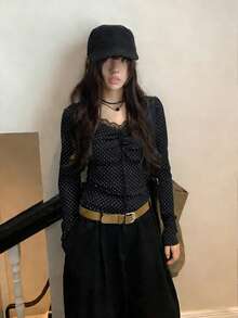 Women's Polka Dot Lace Patchwork Twist Design Fashionable Versatile Commuting Long Sleeve T-Shirt