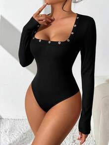 女士黑色连体衣，时尚性感坏女孩风格，方领镂空设计修身长袖连体衣，适合度假、海滩、节日、夜间约会、音乐节、派对等场合。 - 黑色 - 查看 6