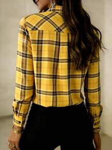 Women's Fashionable Yellow Plaid Polyester Long Sleeve Button-Down Casual Blouse - Yellow - View 5