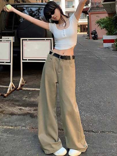 卡其色高腰宽松修身直筒牛仔裤，女士款，秋季款，无腰带