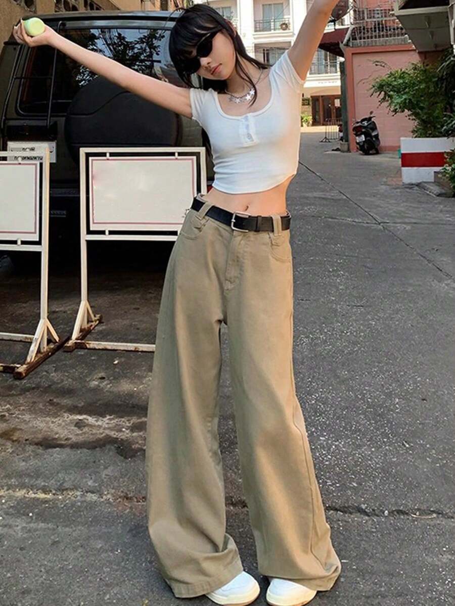 卡其色高腰宽松修身直筒牛仔裤，女士款，秋季款，无腰带 - 卡其色 - 查看 1