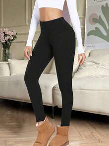 大码女式保暖抓绒高腰打底裤，加厚保暖修身裤，冬季适用，柔软瑜伽紧身裤，女款 - 黑色 - 查看 1