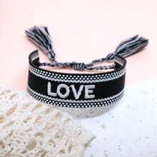 1pc Handmade Embroidered Love Letter Boho Tassel Braided Bracelet - Black - View 4