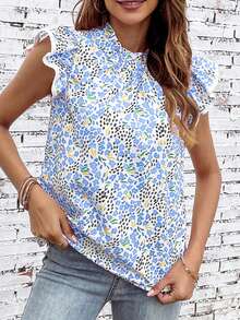 Women's Summer Pink & Multi-Color Abstract Print High Neck Ruffle Sleeve Blouse - Blue - View 4