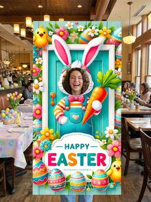 1pc Easter Theme Photography Backdrop - Colorful Rabbit Paper Cutting, Chicks, Easter Eggs, Floral And "Happy Easter" Printed Photography Backdrop, Joyful Cartoon Easter Holiday Style Polyester Photography Backdrop, Rectangular, With Rabbit Paper Cutting Design And Vibrant Pattern Details - Multicolor - View 5