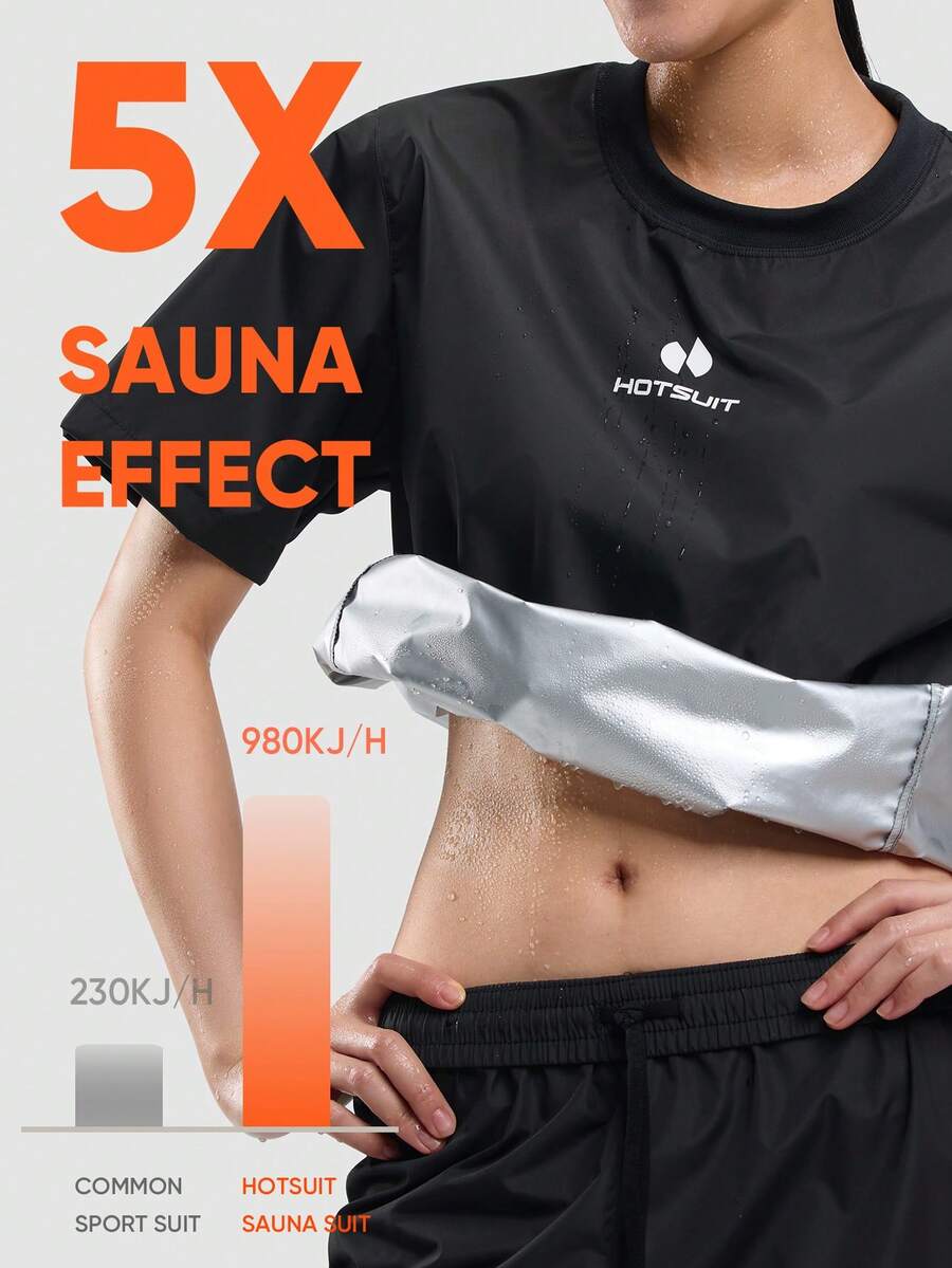 HOTSUIT 女士桑拿服,吸汗桑拿上衣,减肥运动跑步短袖衫 - 黑色 - 查看 1