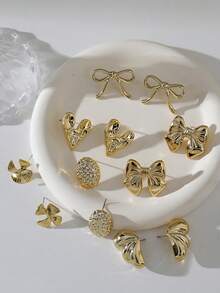 1-6 Pairs Of New Popular Earrings, Sweet And Cute Style, Bow Tie Strap Earrings, With Textured Round Ball Heart Shape, Made Of High-Quality Resin Material, Suitable As Valentine's Day Gift For Girlfriend. - Gold - View 6