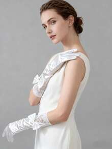 1 双女士白色缎面蕾丝蝴蝶结长手套，适合婚礼、新娘、生日派对、情人节约会、婚纱摄影工作室、演出和其他场合。 - 蝴蝶結手套 - 查看 5