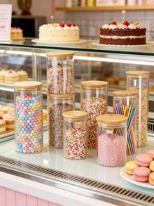 Frasco de almacenamiento hermético de vidrio borosilicato de alta calidad, adecuado para granos, cereales, frutas secas, cáscaras de cítricos secos y hojas de té. Forma de cilindro recto, emparejado con tapa de bambú, diseño transparente minimalista, adecuado para el almacenamiento doméstico. - transparente - Ver 6