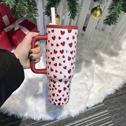 mikenda 1pc 40oz Stainless Steel Heart Print Insulated Tumbler With Handle And Straw, Cute Valentine's Day Style Large Capacity Thermal Coffee Cup, Reusable For Home, Office, Outdoor Travel