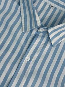 WAIT HIM 男士休闲条纹短袖衬衫 - 藍白色 - 查看 6