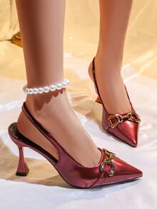 Women's Pointed Toe Stylish Party Metal Buckle High Heel Pumps - Bordeaux - View 6