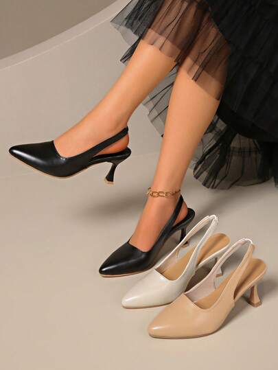 New Women's Pointed Toe High Heel Pumps, Black Leather Upper, Spring Slingback Commuter Stiletto Shoes, Fashionable Office Footwear