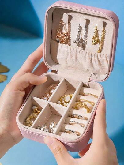 1pc Jewelry Storage Box, Small PU Leather Travel Jewelry Organizer Box, Double Layer Portable Mini Jewelry Display Storage Box, Wedding Jewelry Box, Can Store Earrings, Rings, Necklaces, Bracelets, Nail Art Decorations,Room Decor
