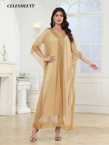 Luxury Women's V-Neck Sequin Beaded Embroidered Arabic Abaya