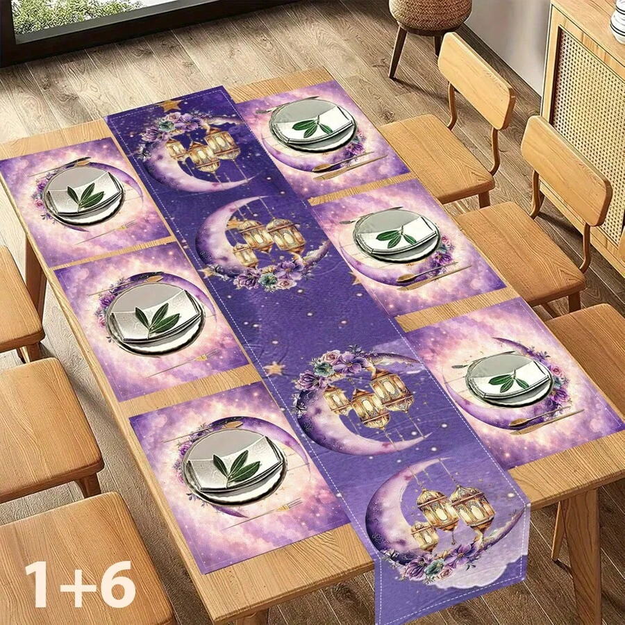 1/4/6 Pcs Set, Ramadan Placemats, Linen Dining Table Mats With Traditional Lantern Pattern, Washable Printed Tablecloths, Surface Protective Pads, Ideal Decor For Holiday Kitchen And Family Gatherings - Multicolor - View 1