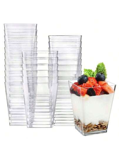 60毫升/120毫升/150毫升/190毫升透明慕斯杯，方形塑料甜点杯，蛋糕冰淇淋布丁杯，适用于生日、派对、婚礼和装饰