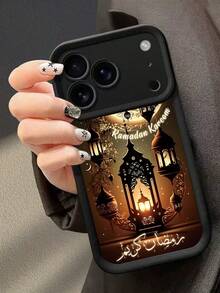 Ramadan Kareem Golden Glow Lantern & Mosque Silhouette Pattern Phone Case, Pattern Phone Case, Creative Personalized High-End Middle Eastern Red Pattern Slogan Design, Black Frosted Texture Full Coverage Protective Dustproof Waterproof Soft Case, Compatible With IPhone 17/16/15/14/13/12/11/Pro/ProMax/X/XR/XS/XSMAX/7/8/PLUS And Galaxy Models, Ideal Gift For Friends, Family, Couples On Birthdays And Festivals