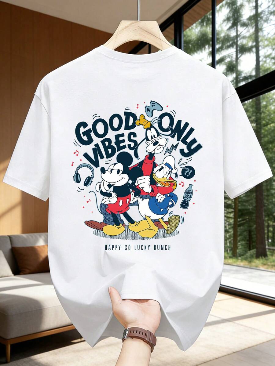 Disney 男士休闲时尚短袖圆领T恤，印有米奇、卡通鸭、布鲁托和耳机图案，适合四季日常穿着。男士图案T恤，男装。 - 白色 - 查看 1
