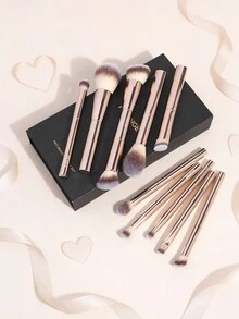 MAANGE 1/10件套专业铝管化妆刷套装，带纸质礼盒，双头粉底刷、腮红刷、散粉刷、眼影刷、睫毛刷、眉刷、唇刷、光晕刷、遮瑕刷，美妆刷套装，旅行化妆刷套装，女士及女孩礼物 - 金色 - 查看 3