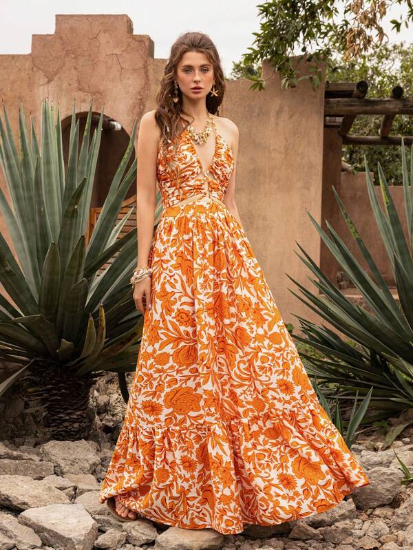 Faeriesty Elegant Bohemian Style Backless Maxi Dress: Lace-Up Back Design, Paisley Print, Deep V-Neck, Flowy Multi-Layered Ruffle Hem, Cinched Waist - Perfect For Destination Weddings, Bohemian Bridal Photoshoot, Garden Ceremonies, Romantic Getaways, Countryside Outdoor Events Summer