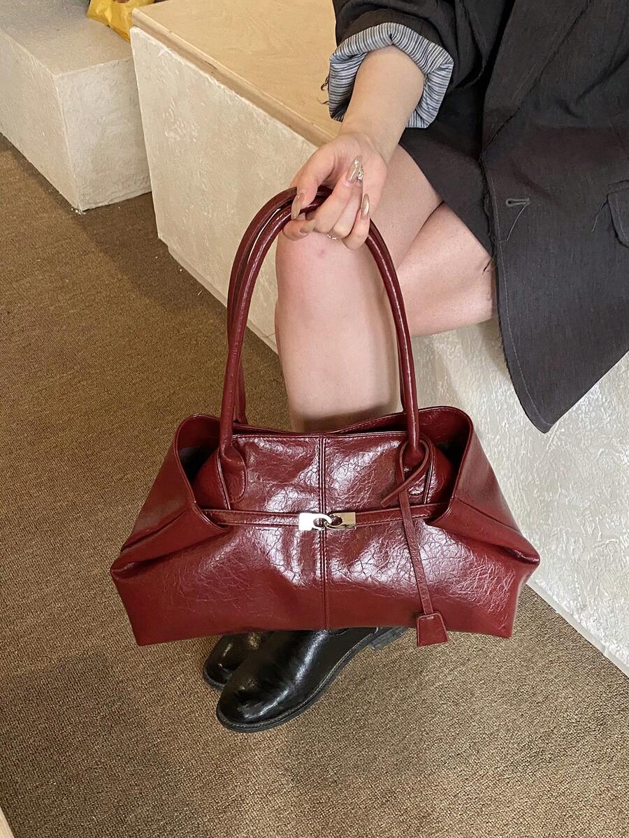 1件女款大容量托特包，PU皮革單肩手提包，休閒經典極簡時尚通勤包