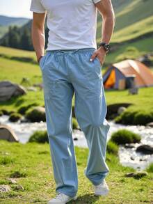 Pantalones casuales de hombre con aspecto de lino, corte holgado, para deportes al aire libre, de moda y versátiles, para primavera/verano - Celeste - Ver 10