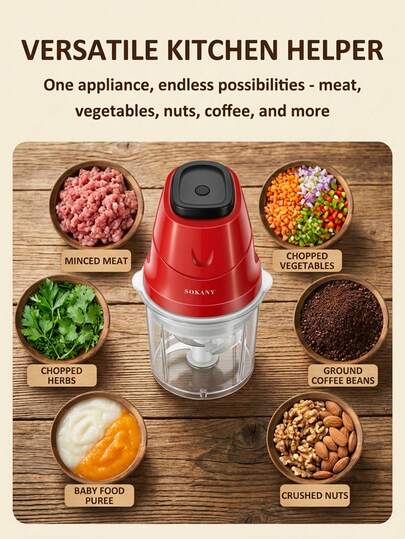  SOKANY06009 迷你食物料理机 0.7升 - 电动切肉搅拌机，不锈钢刀片，双速设计，适用于肉类/蔬菜/婴儿辅食、酱料混合，小巧便携，适合家庭和宿舍使用