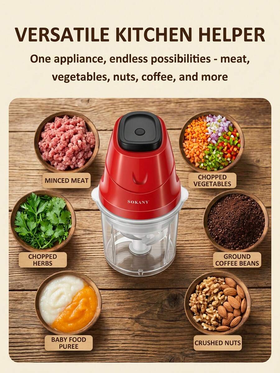 Máy xay thực phẩm mini SOKANY06009 0.7L - Máy xay thịt điện, lưỡi dao bằng thép không gỉ, hai tốc độ, thích hợp để xay thịt/rau củ/thức ăn cho trẻ em, trộn nước sốt, thiết bị nhà bếp nhỏ gọn dùng trong gia đình và ký túc xá. - Đỏ - Xem 1