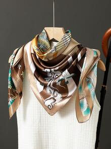 1pc Light Blue Printed 90cm Square Scarf, Casual Headscarf, Travel Sun Protection Headwrap, Party Gift For Dress