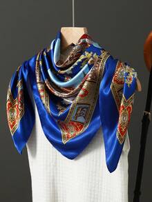 1pc Light Blue Printed 90cm Square Scarf, Casual Headscarf, Travel Sun Protection Headwrap, Party Gift For Dress