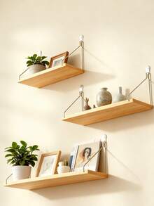1 pieza Estante flotante montado en la pared, sin necesidad de perforar, estante de almacenamiento de tablero de madera para dormitorio, sala de estar, cocina, repisa decorativa de pared - Albaricoque - Ver 6