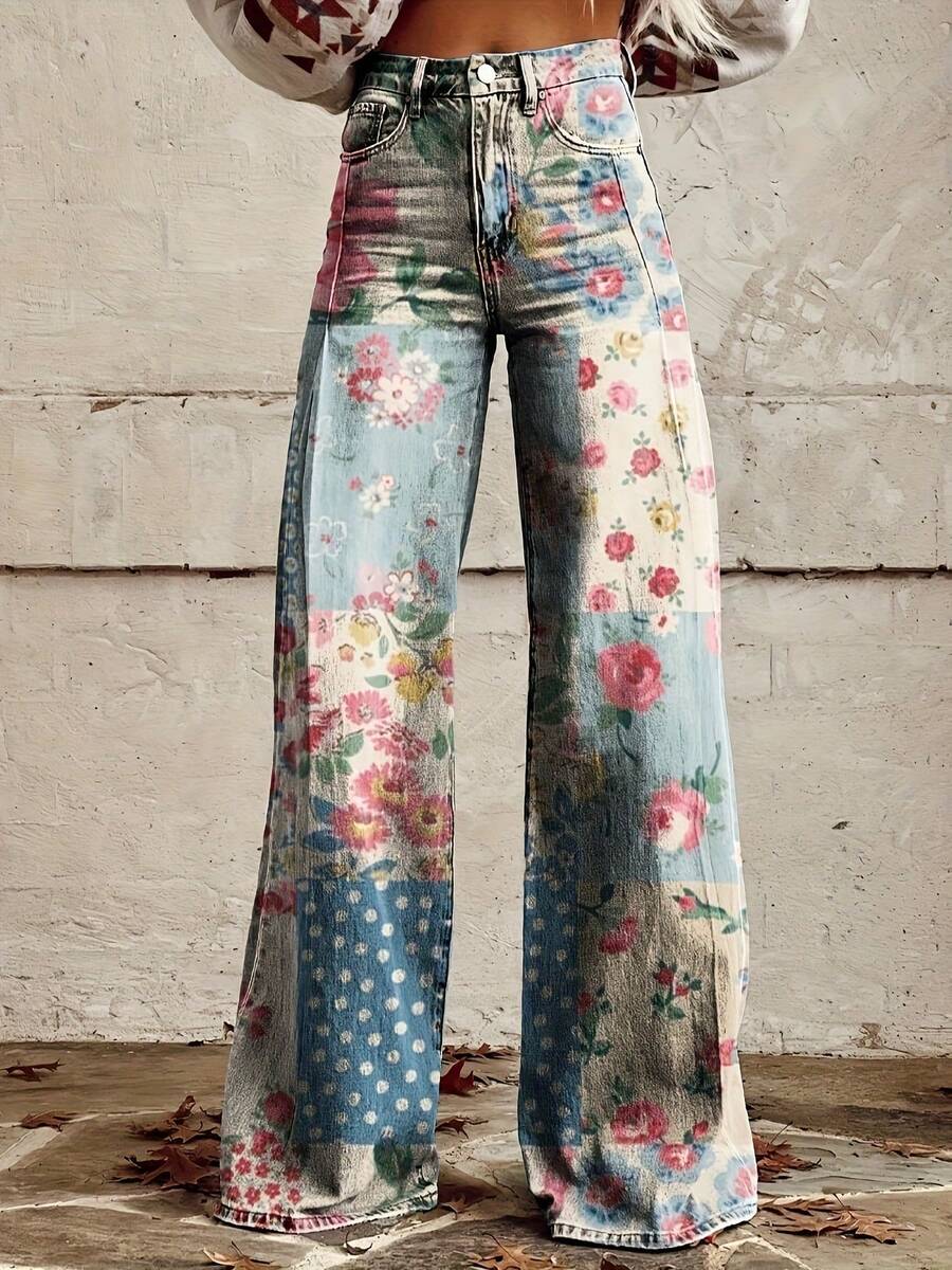 Plus Size Women's Bohemian 3D Print Retro Floral Patch Jeans - Wide Leg Non-Stretch Denim Pants With Button Closure, Machine Washable Casual Spring/Fall Trousers, Spring Fall Clothing - 彩色 - 查看 1