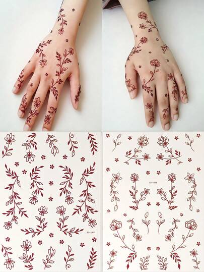 2 Sheets Maroon Lace Floral Henna Tattoo Stickers, Mandala Waterproof Finger Tattoo Stickers, Mehndi Designs For Temporary Body Art, Suitable For Festivals, Parties, Weddings, And Performances