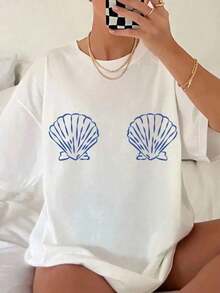 100% Cotton Women's T-Shirt With White And Blue Shell Print, Round Neck, Everyday Top For Beach Outfits, Parties, Leisure Wear, Spring/Summer T-Shirt, Summer Outfit, Short-Sleeved Shirt, Relaxed Fit - White - View 7