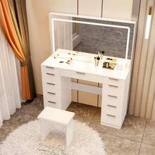11-Drawer Vanity Table Set With Stool, 3-Color Adjustable LED Mirror, Transparent Glass Top & Built-In USB Socket, Makeup Dressing Desk For Bedroom, Dressing Room (White) - 查看 2