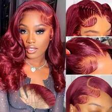 200 Density HD Lace Front Wigs Human Blended Hair Body Wave Human Frontal Hair Wigs For Women Pre Cut Pre Plucked Brazilian Virgin Hair 13x4 Lace Frontal Wig Glueless #99J Burgundy 24 Inch - SBUG/99J - View 5