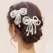 1对女童珍珠蝴蝶结发夹，带流苏装饰，适合乡村度假、婚礼季花童服装搭配 - 白色 - 查看 7