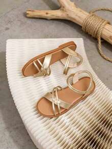 Children's Gold Criss-Cross Roman Sandals, Suitable For Summer And Holiday Activities - Champagne - View 5
