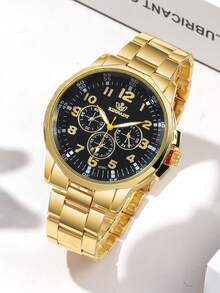 2件套简约商务石英情侣表，情侣金色配件套装（包括合金金属表带搭配黑色和金色表盘的石英计时表） - 金色 - 查看 5