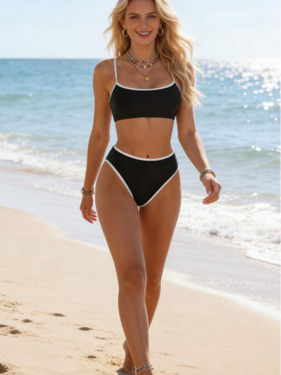 Black And White Color Block Thin-Strap High-Waisted Bikini Set With Triangle Bottoms, Stylish European-American Hot Girl Style - Đen và trắng - Xem 1