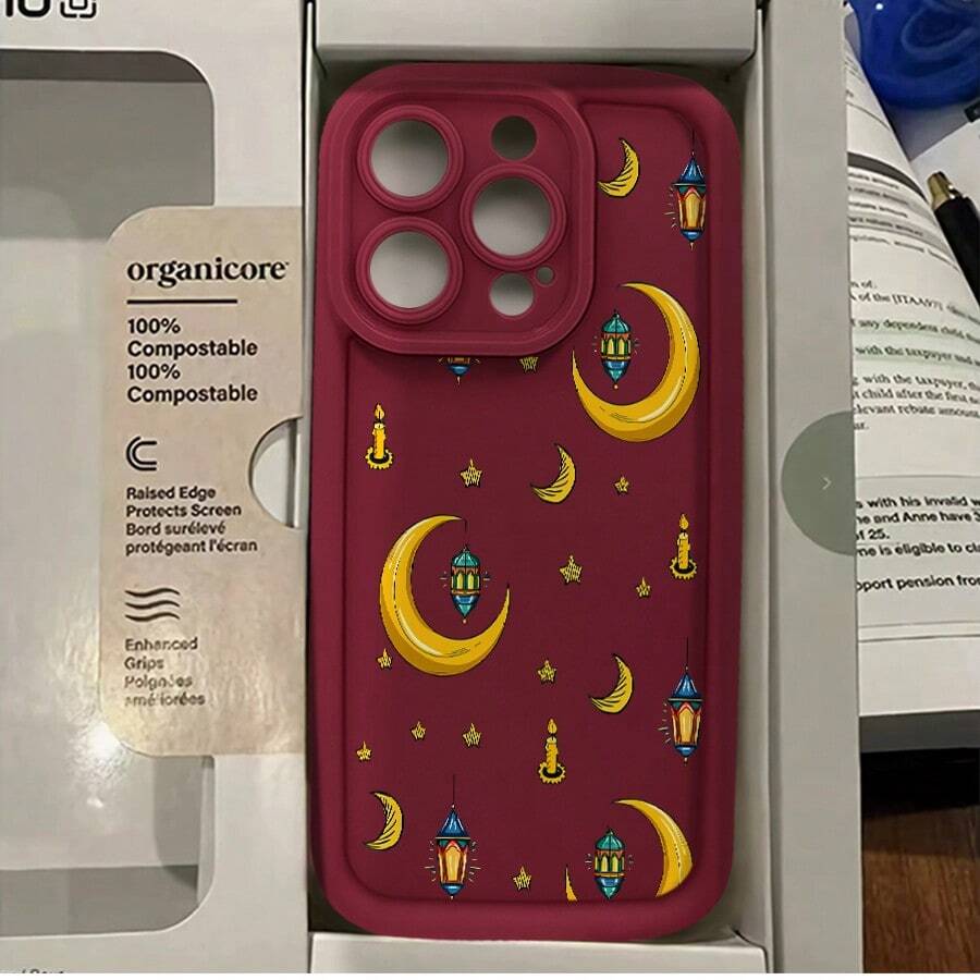 1pcs Moon Lantern Pattern Phone Case Suitable For Apple Phone17 16 15 14 13 12 11 PRO MAX X XSMAX Galaxy S22 S23 S24 S25 S26 Ultra A13 A14 A15 A16 A52 Silicone Shock Proof Vintage Minimalist Aesthetic Cute Elegant Can Be Given To Friends Can Be Given To A Lover - 酒紅色 - 查看 1