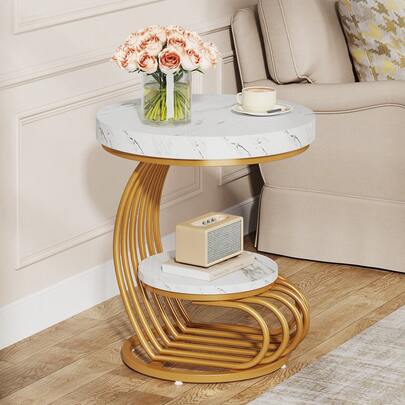 Tribesigns Round End Table, Modern 2-Tier Side Table With Shelf Storage, Small Sofa Side Bedside Nightstand, Arc-Shaped Wood & Metal Frame Accent Table For Living Room, White & Gold