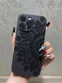 Flower 1pc Fashionable Printed Shock-Proof Soft Phone Case, Minimalist & Practical Multifunctional - Black - View 1