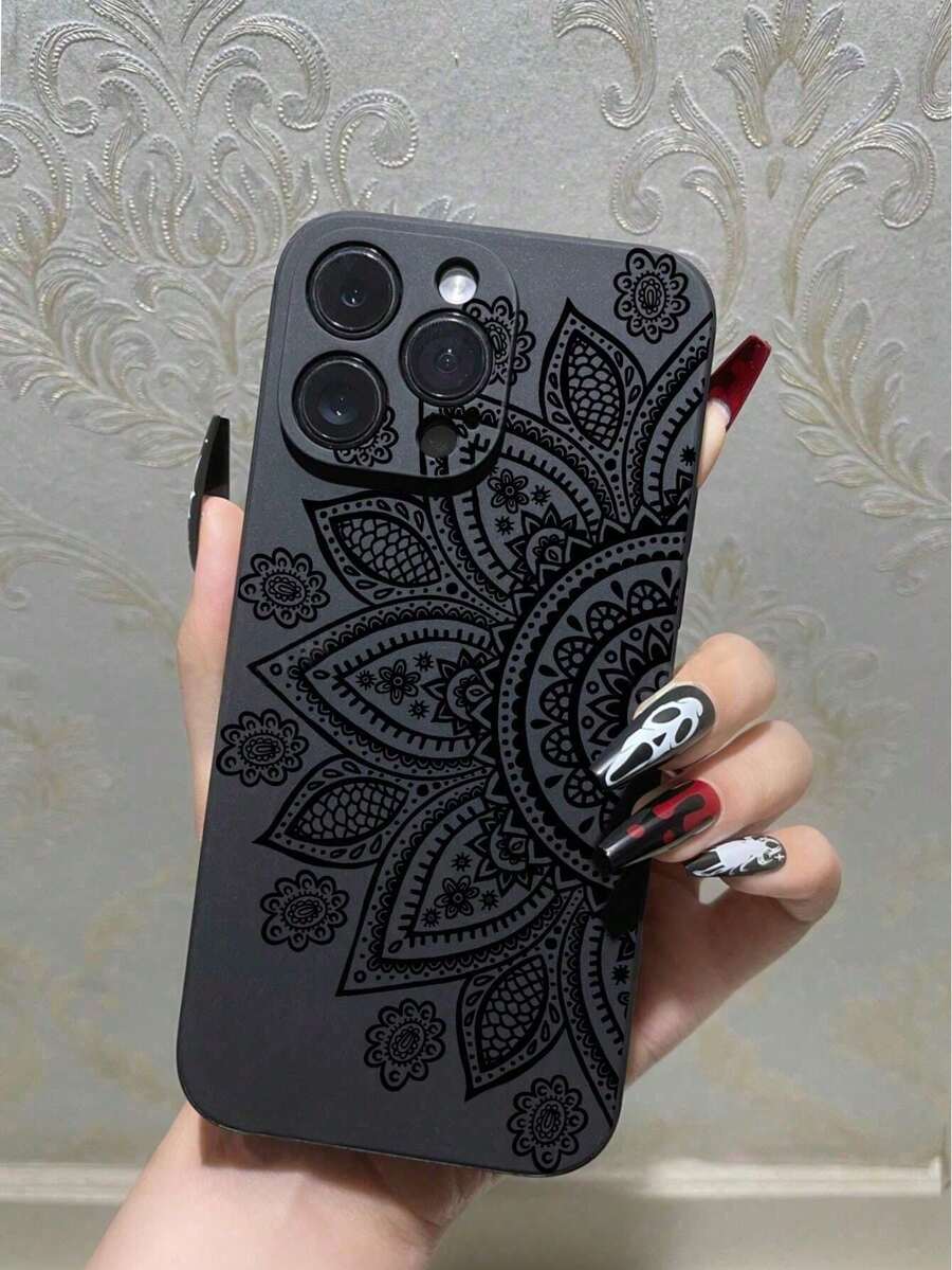Flower 1pc Fashionable Printed Shock-Proof Soft Phone Case, Minimalist & Practical Multifunctional - Black - View 1